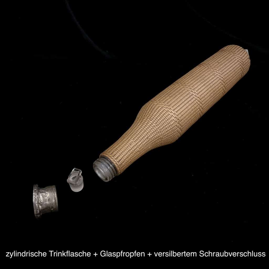 Zwei trinkflaschen aus glas mit feinster korbgeflechtummantelung, jäger-accessoirs, in selten hervorragend erhaltenem zustand! England, um 1850-1870