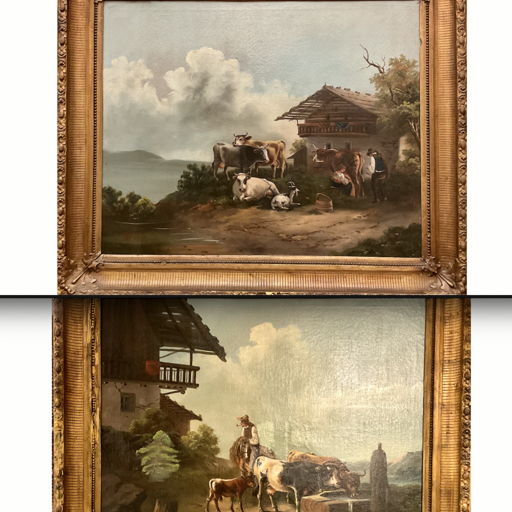 2 Gemälde Pendants, 2. Hälfte 19.Jh, Landschaft ,ist Bauerngehöft und Tierstaffage, Öl auf Leinwand, Maler unbekannt, sichtbares Monogramm „E. R“ jeweils unten links im Bild Bild 56cm x 69,5cm Rahmen 74cm x 86,5cm