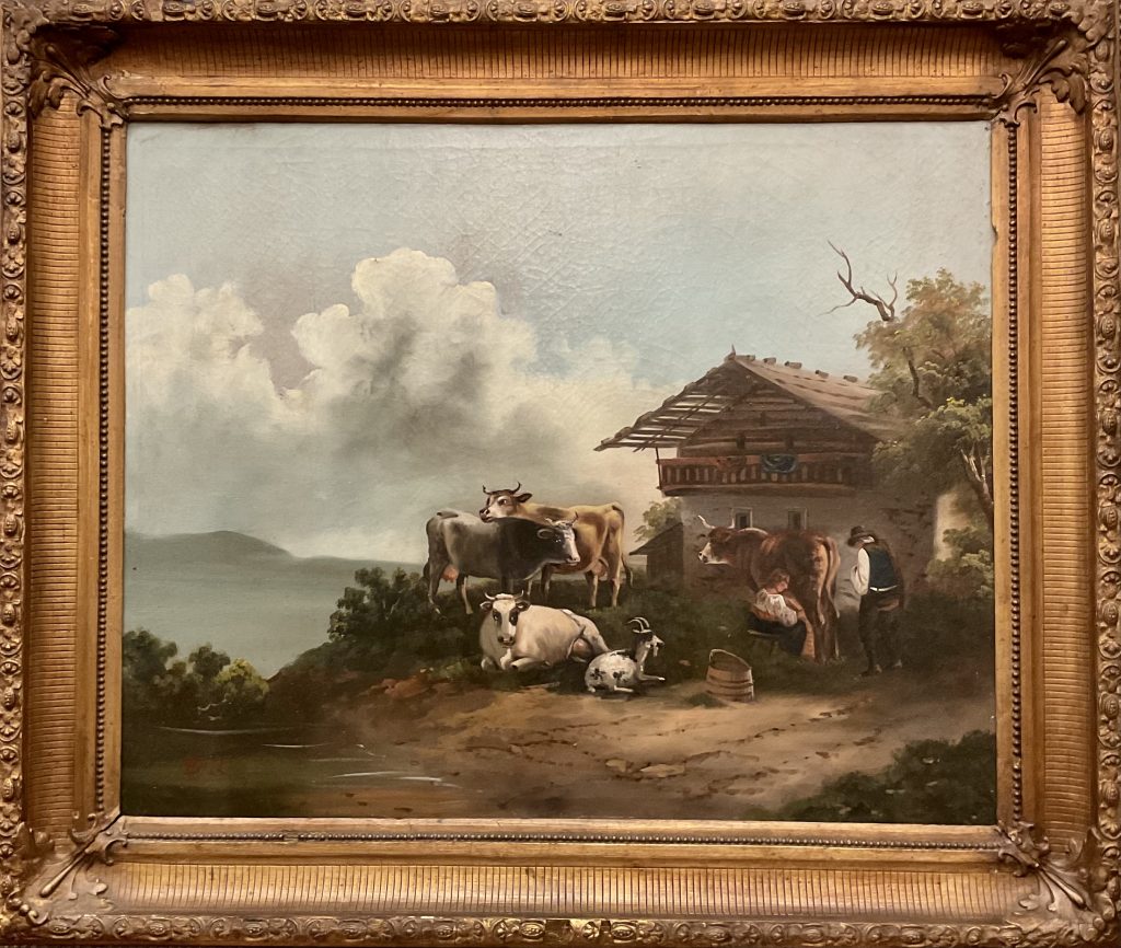 2 Gemälde Pendants, 2. Hälfte 19.Jh, Landschaft ,ist Bauerngehöft und Tierstaffage, Öl auf Leinwand, Maler unbekannt, sichtbares Monogramm „E. R“ jeweils unten links im Bild Bild 56cm x 69,5cm Rahmen 74cm x 86,5cm