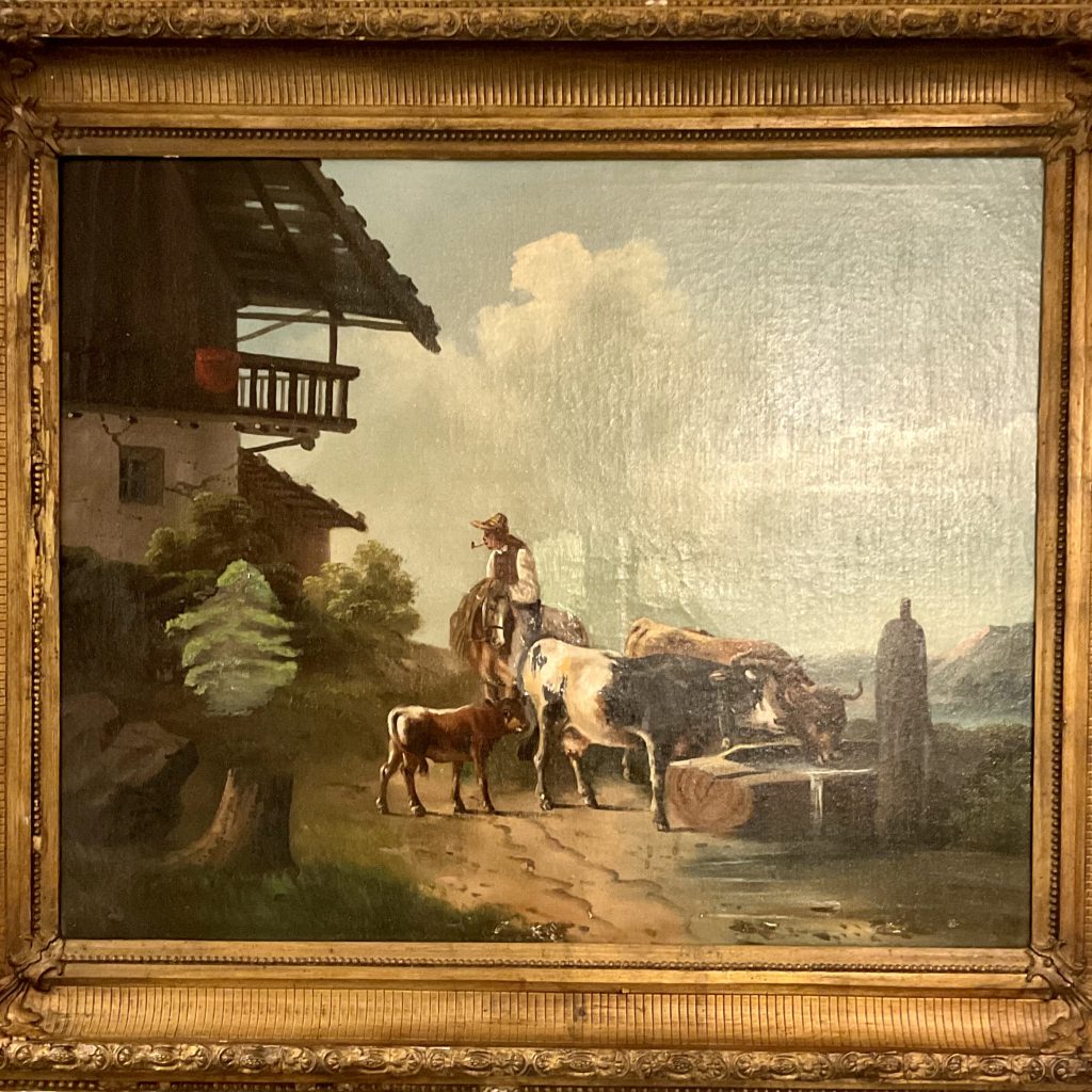 2 Gemälde Pendants, 2. Hälfte 19.Jh, Landschaft ,ist Bauerngehöft und Tierstaffage, Öl auf Leinwand, Maler unbekannt, sichtbares Monogramm „E. R“ jeweils unten links im Bild

Bild 56cm x 69,5cm
Rahmen 74cm x 86,5cm